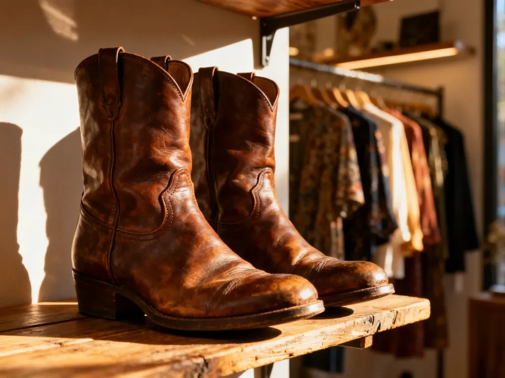 Zadbane, skórzane buty vintage na drewnianej półce w butiku z odzieżą używaną, oświetlone ciepłym światłem słonecznym.