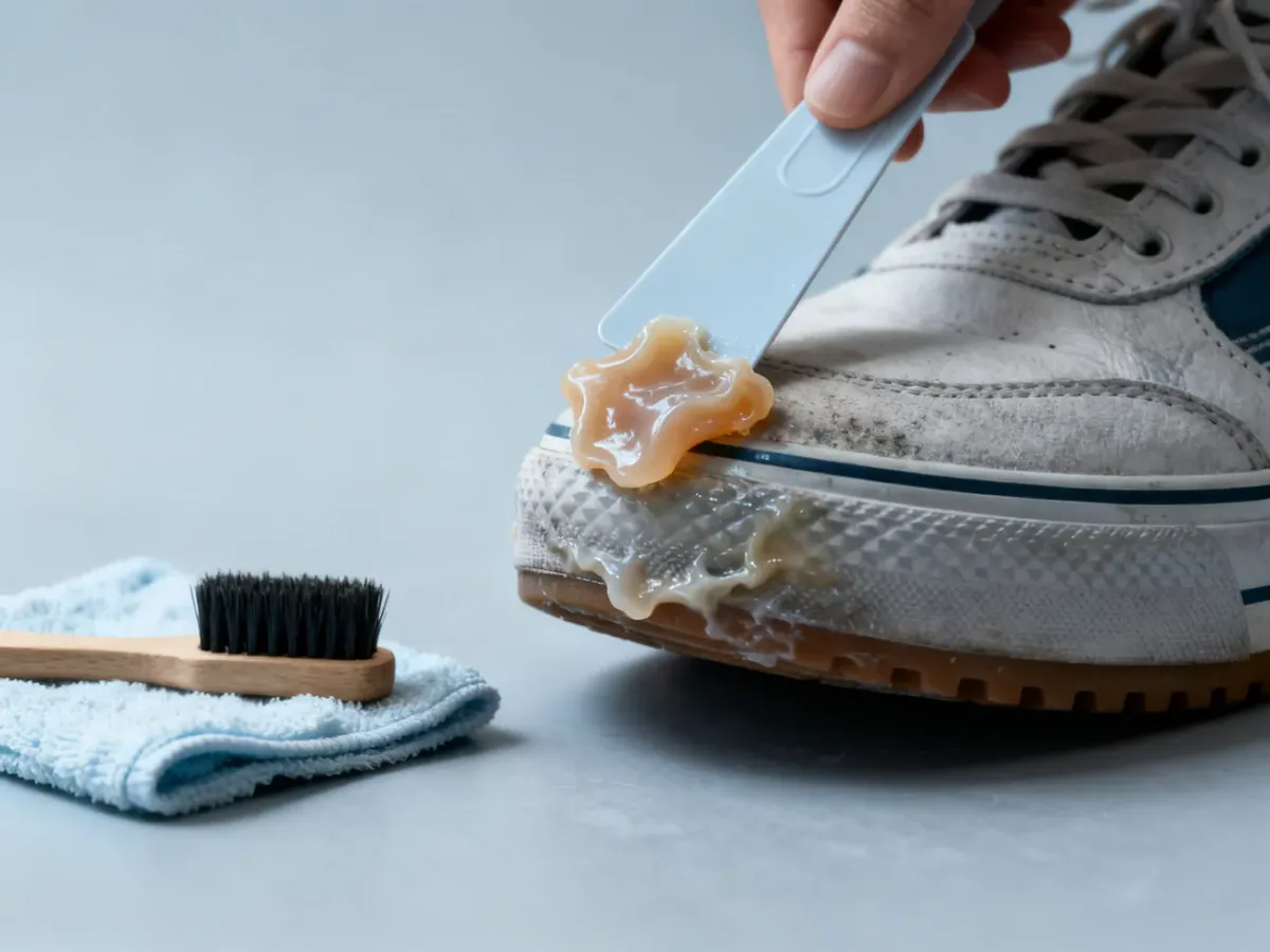 Usuwanie zmrożonej gumy do żucia z podeszwy plastikową kartą