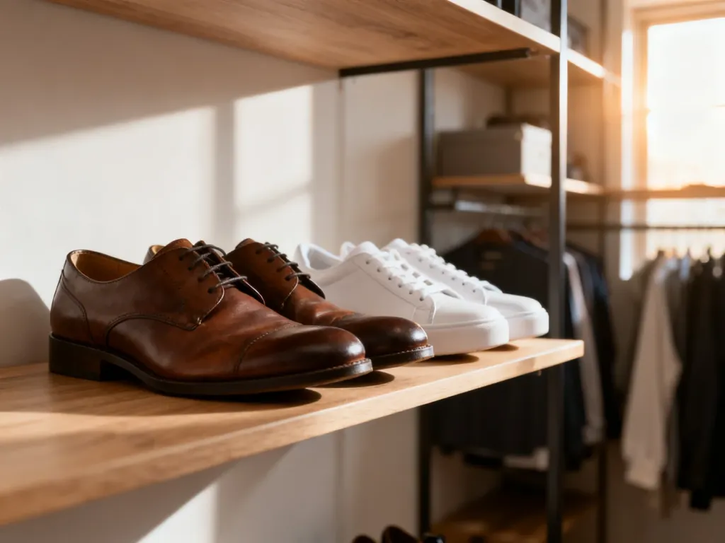 Eleganckie skórzane buty i białe sneakersy na drewnianej półce, symbolizujące minimalistyczną i uporządkowaną garderobę.