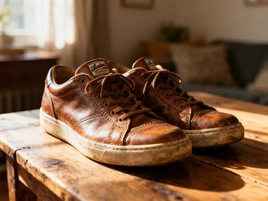 Zbliżenie na detale skórzanych sneakersów, w tym szwy i logo, pozwalające ocenić jakość wykonania obuwia z drugiej ręki.