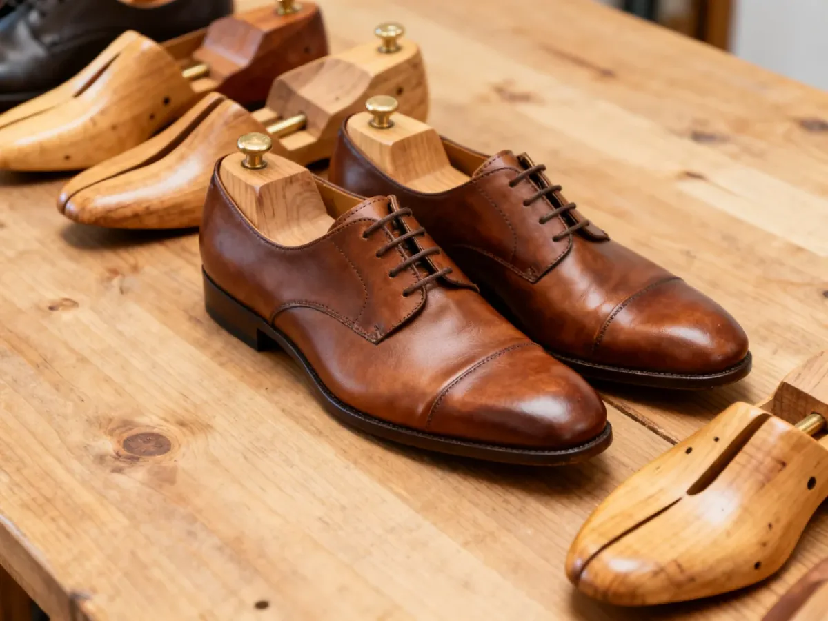Buty skórzane z drewnianymi prawidłami utrzymującymi ich kształt