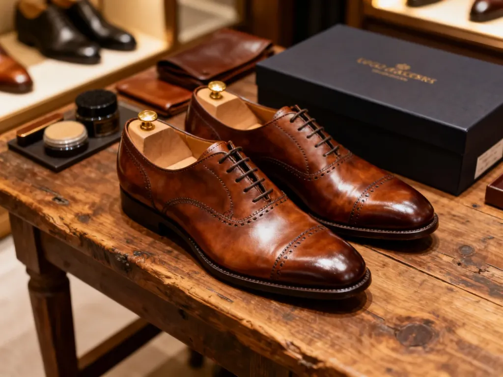 Eleganckie, ręcznie wykonane brązowe oksfordy ze skóry na drewnianym stole w luksusowym butiku.