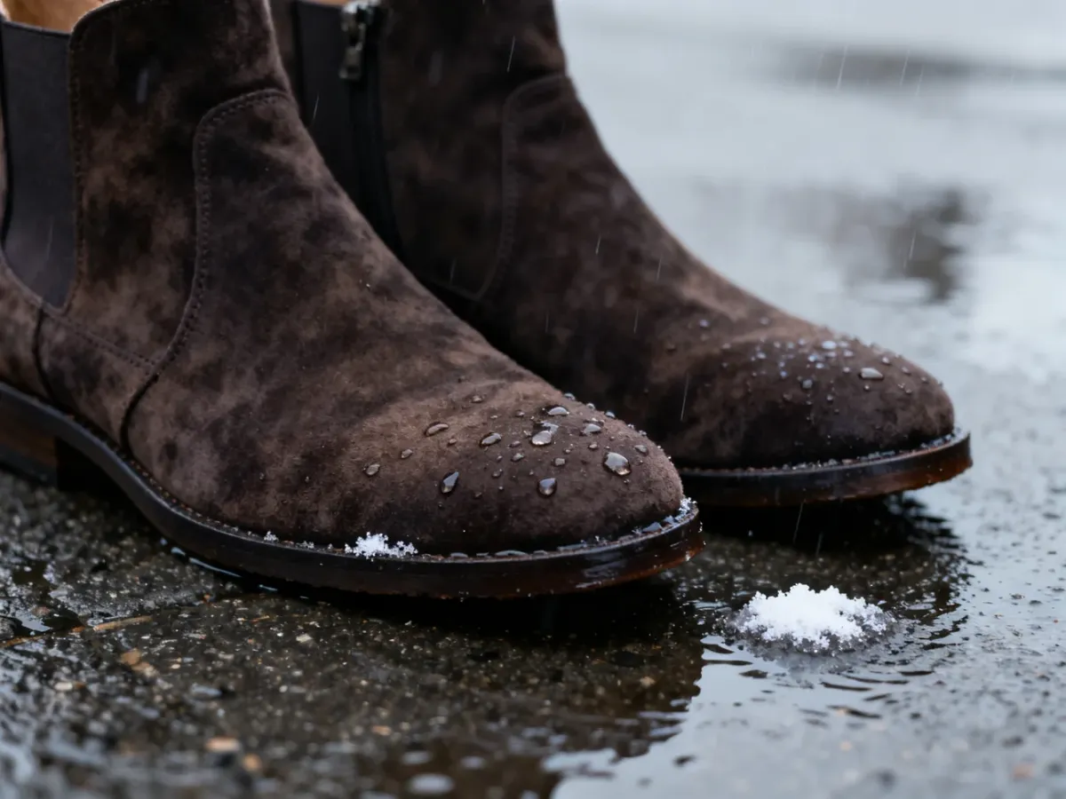 Buty z zamszu lub weluru wystawione na działanie deszczu i wilgoci