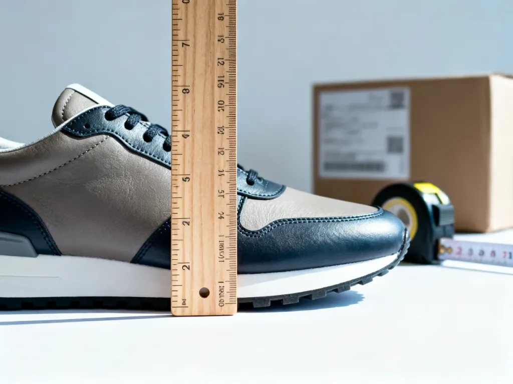 Drewniana miarka leżąca obok skórzanego sneakersa na białym tle, ilustrująca proces mierzenia stopy przed zakupem obuwia.