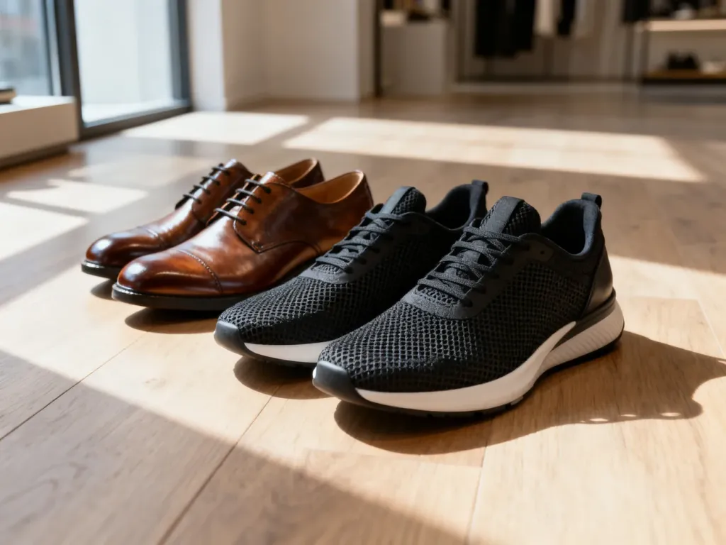Dwie pary sneakersów – skórzane i materiałowe – zestawione obok siebie na drewnianej podłodze w świetle poranka.