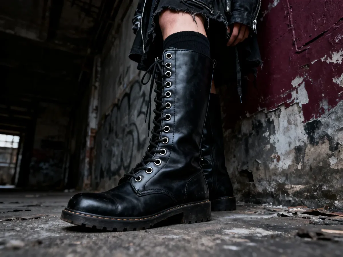 Wysokie czarne glany z piętnastoma dziurkami w stylizacji grunge