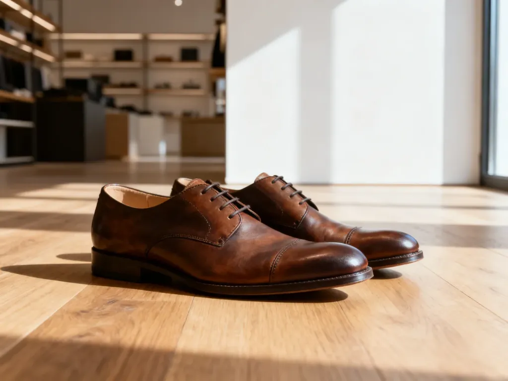 Eleganckie skórzane buty na drewnianej podłodze w minimalistycznym wnętrzu, sugerujące zakupy obuwia online.