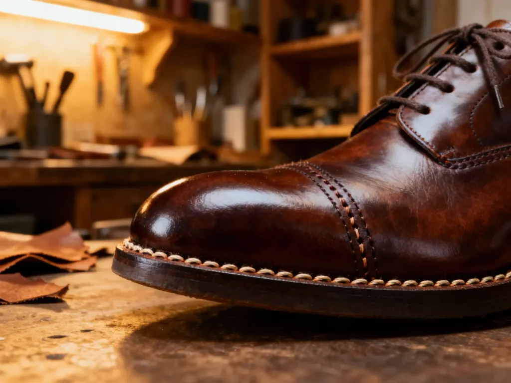 Zbliżenie na precyzyjne szycie metodą ramową (Goodyear welt) w eleganckich skórzanych butach typu oksford w warsztacie szewskim.