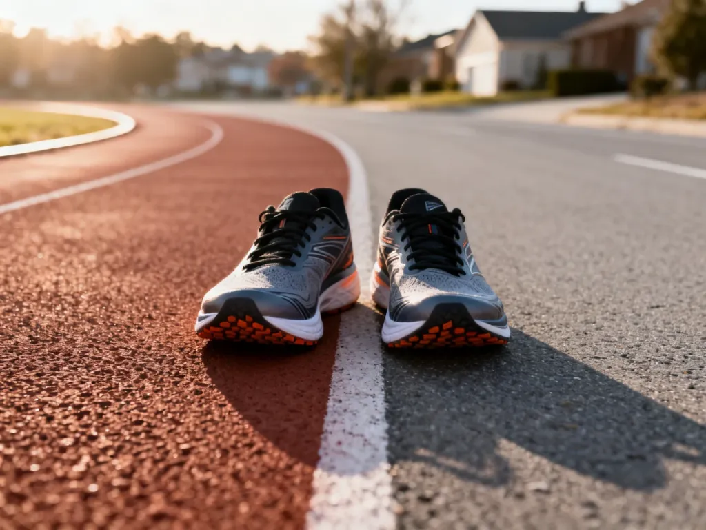 Profesjonalne buty biegowe zestawione na tle bieżni lekkoatletycznej oraz asfaltowej drogi, ukazujące różnice w podeszwach.