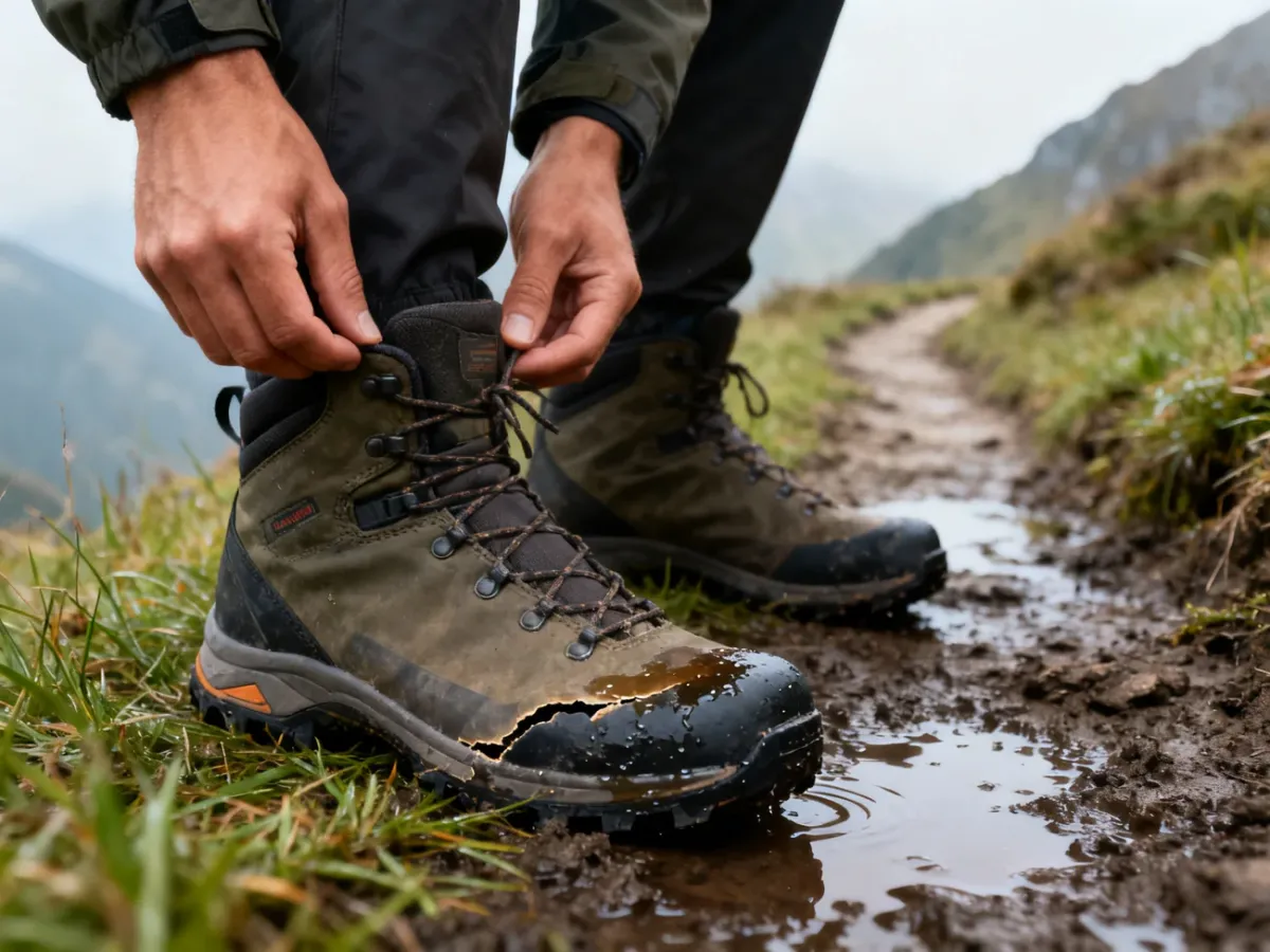 Kontrola przemakających butów trekkingowych z widocznym problemem przy podeszwie