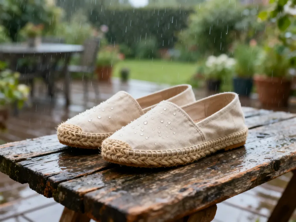 Beżowe espadryle z jutową podeszwą na drewnianym podłożu w deszczowy, letni dzień.