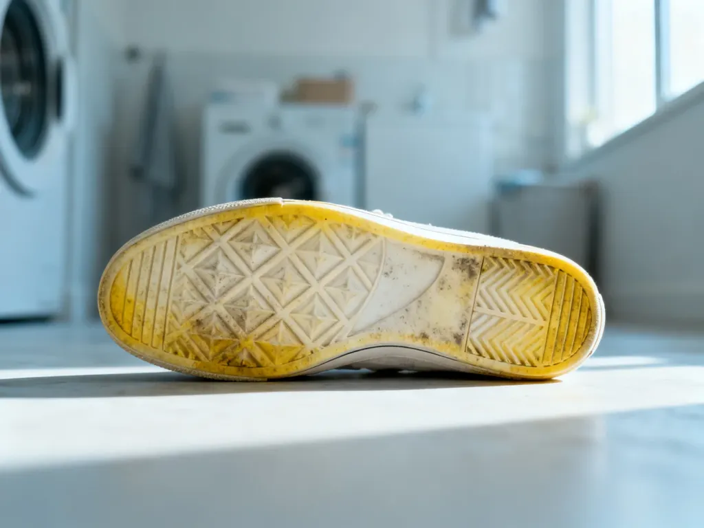Zżółknięta i zabrudzona podeszwa sneakersów z widocznymi śladami utleniania gumy.
