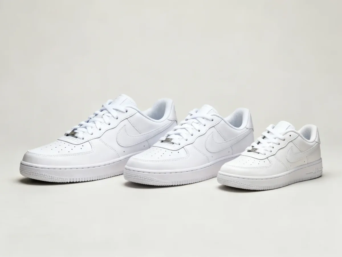 Trzy podobne białe sneakersy przedstawiające wersję męską, damską i juniorską