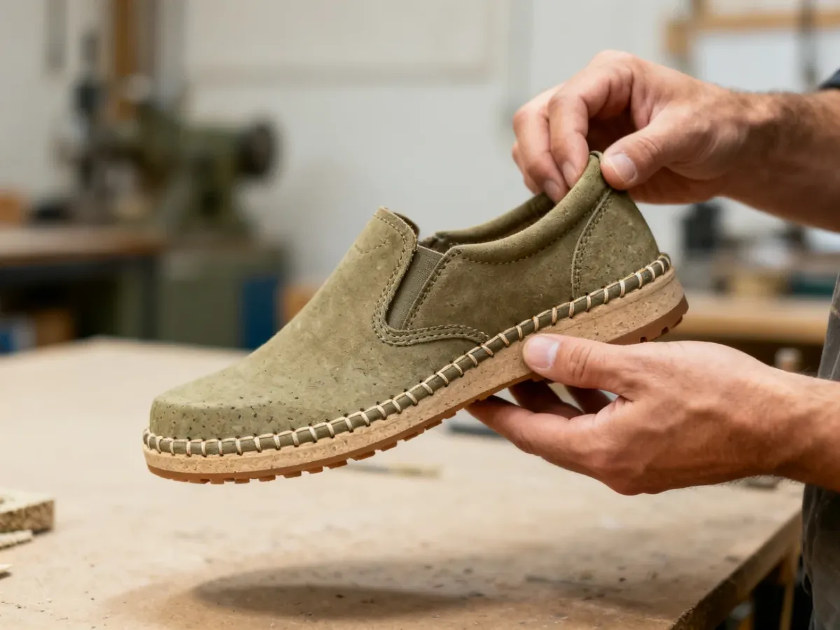 Close-up inspection of stitching and sole quality on recycled shoes