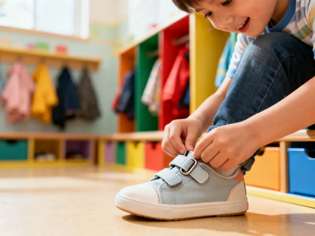 Dziecko samodzielnie zapina kapcie na rzep w szatni przedszkolnej