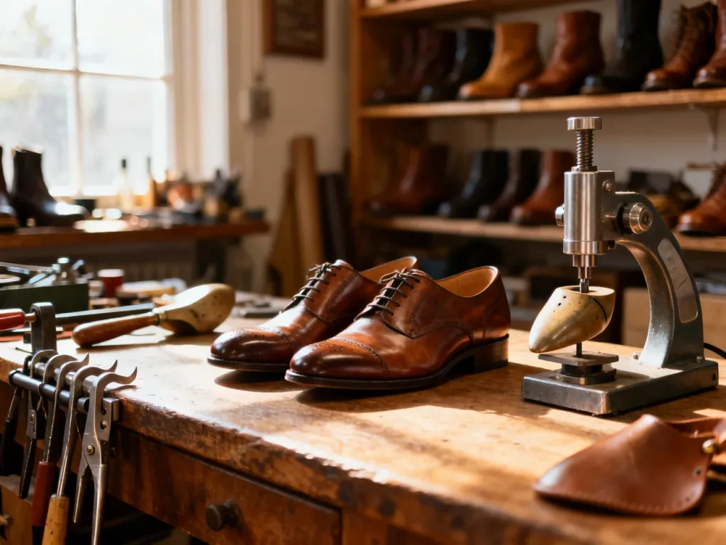 Eleganckie skórzane buty na warsztacie szewskim obok profesjonalnych narzędzi do rozciągania obuwia.
