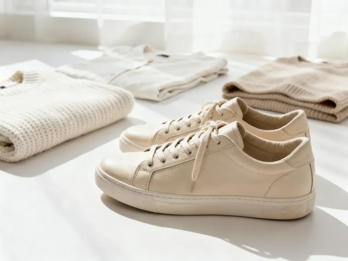 Minimalistyczne sneakersy w neutralnym kolorze wśród codziennych ubrań
