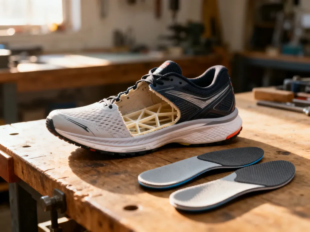 Buty sportowe z częściowo wyjętą wkładką fabryczną oraz zestaw nowych wkładek ortopedycznych na warsztacie.