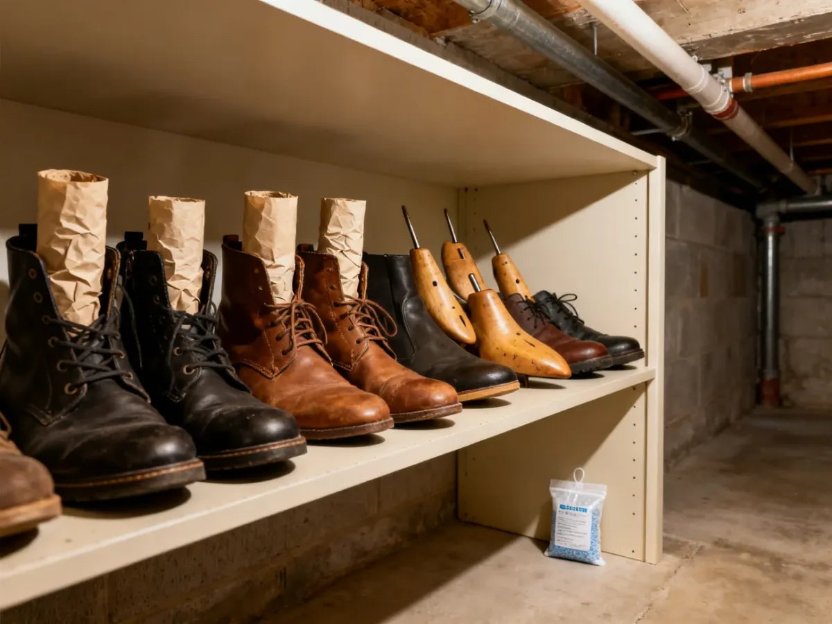 Suche buty przechowywane na półce w przewiewnej piwnicy