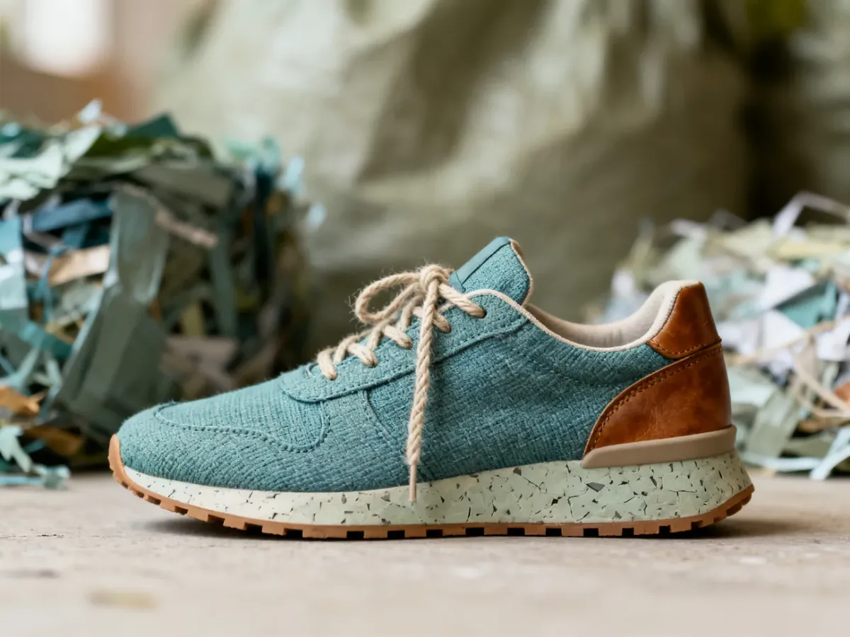 Sneaker made from several recycled materials displayed with their raw material textures