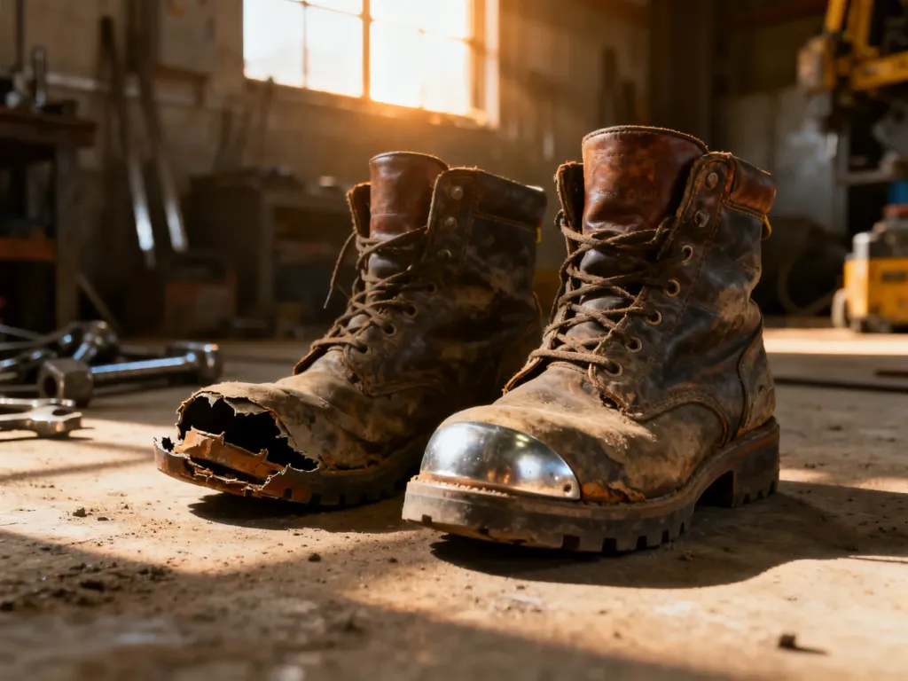 Bardzo zniszczone buty robocze z odklejonymi podeszwami, wskazujące na konieczność ich wymiany.