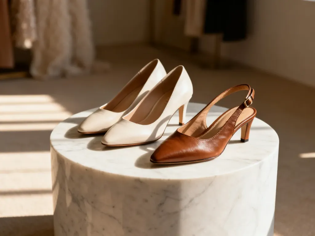 Eleganckie czółenka i buty typu slingback z wysokiej jakości skóry wyeksponowane na minimalistycznym marmurowym postumencie.