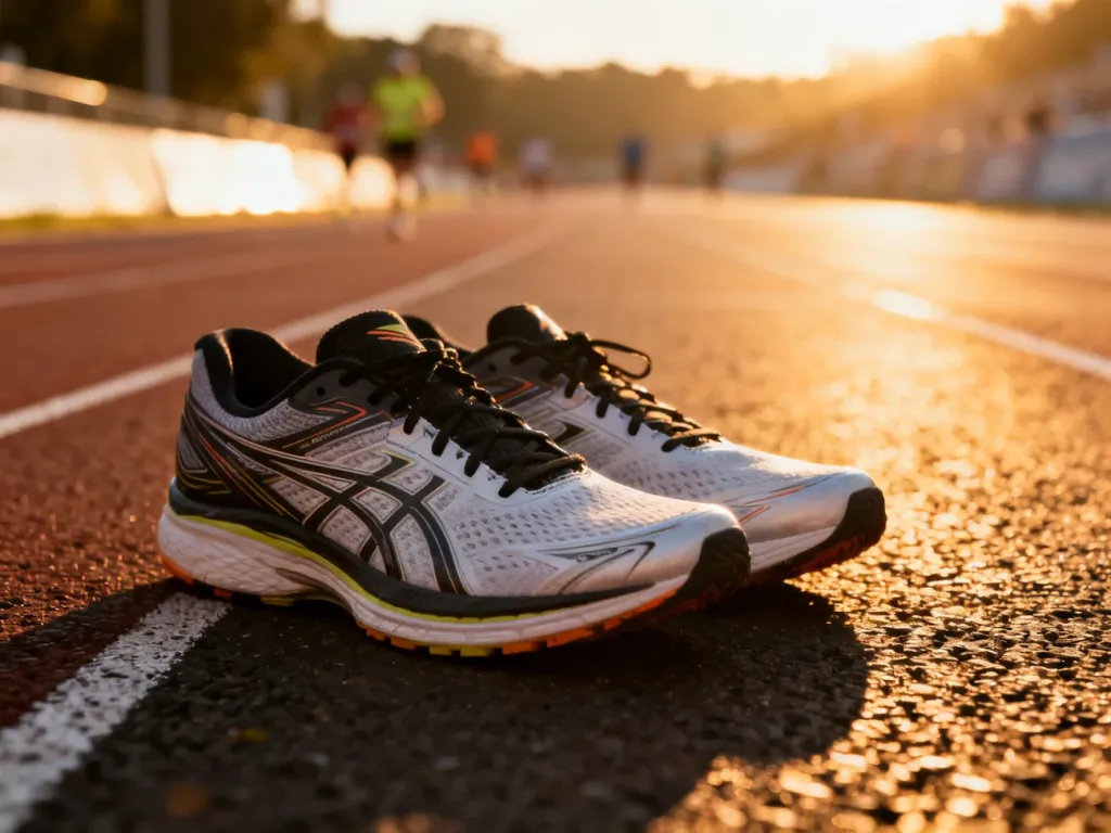 Profesjonalne buty do biegania na asfaltowej bieżni w promieniach porannego słońca, przygotowane do maratonu.