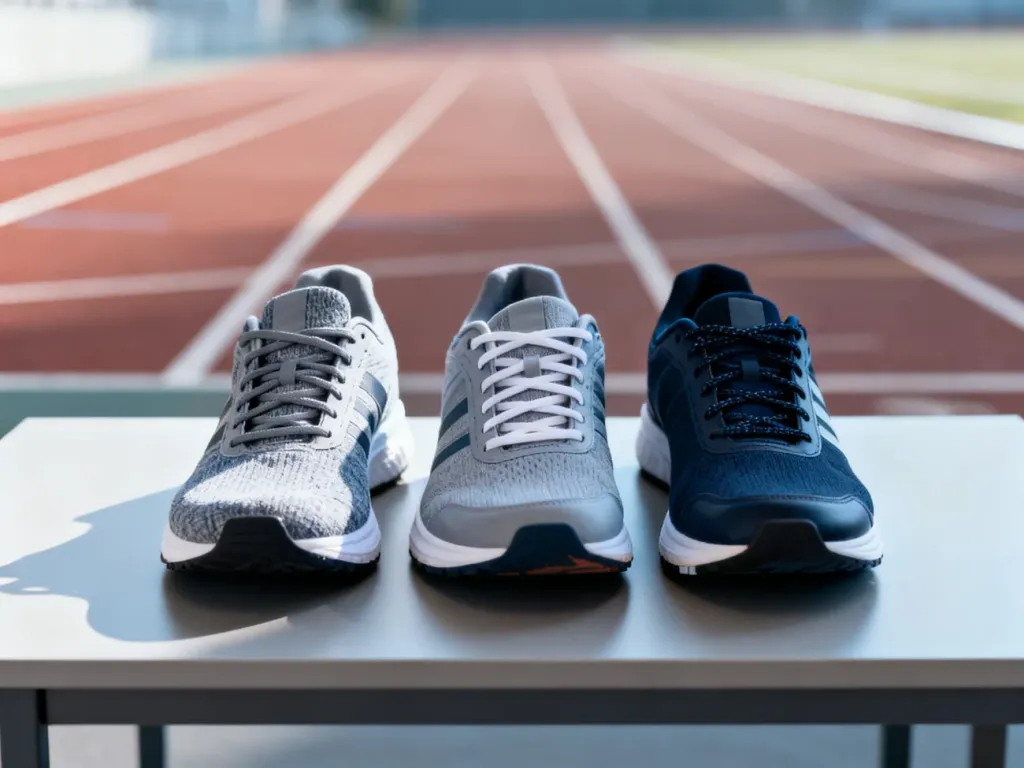 Trzy sportowe buty w tym samym rozmiarze ustawione obok siebie, ukazujące wyraźne różnice w ich rzeczywistej długości i szerokości.