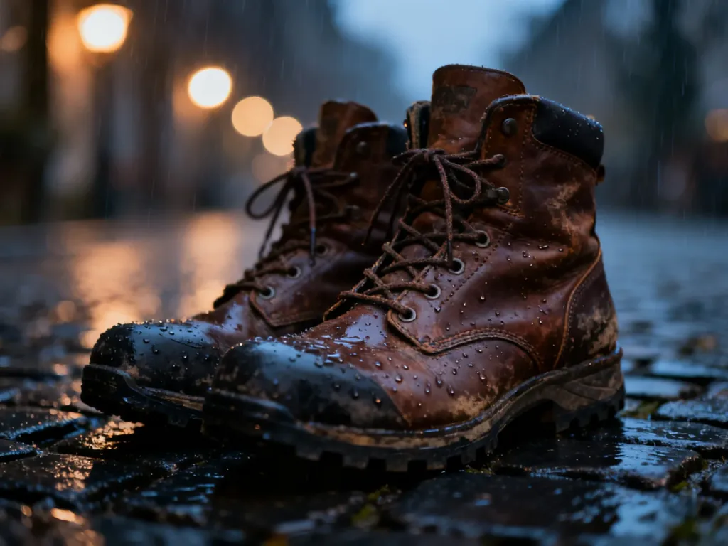 Zużyte skórzane buty trekkingowe na mokrym bruku w deszczowy wieczór, obrazujące problem przemakającego obuwia.